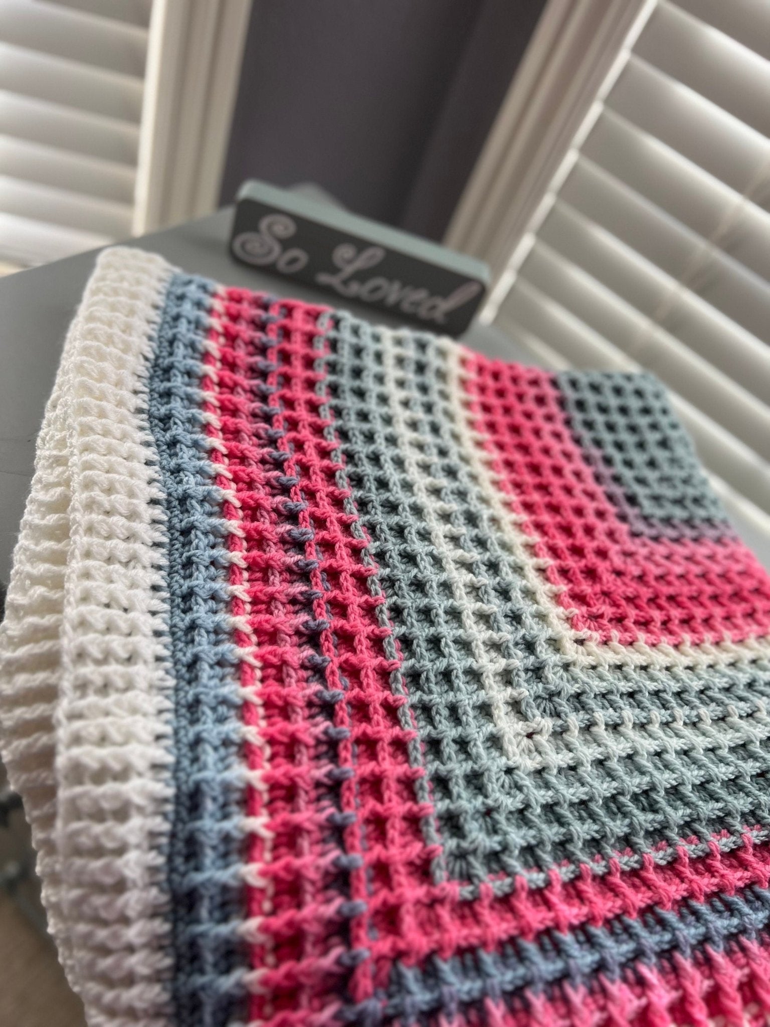 Baby blanket- 36”x36” handmade crochet waffle stitch - pink, white, and gray colors, baby shower gift, handmade heirloom baby blanket - Lilly Grace Sparkle Boutique