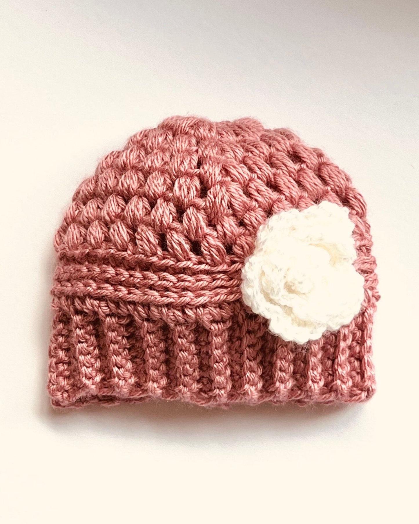 Baby girl hat, crochet hat for baby girl dusty rose pink with white crochet flower, fall or winter weather crochet hat various sizes - Lilly Grace Sparkle Boutique