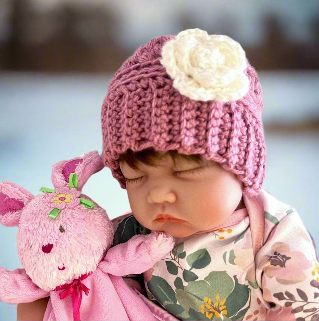 Baby girl hat, crochet hat for baby girl dusty rose pink with white crochet flower, fall or winter weather crochet hat various sizes - Lilly Grace Sparkle Boutique