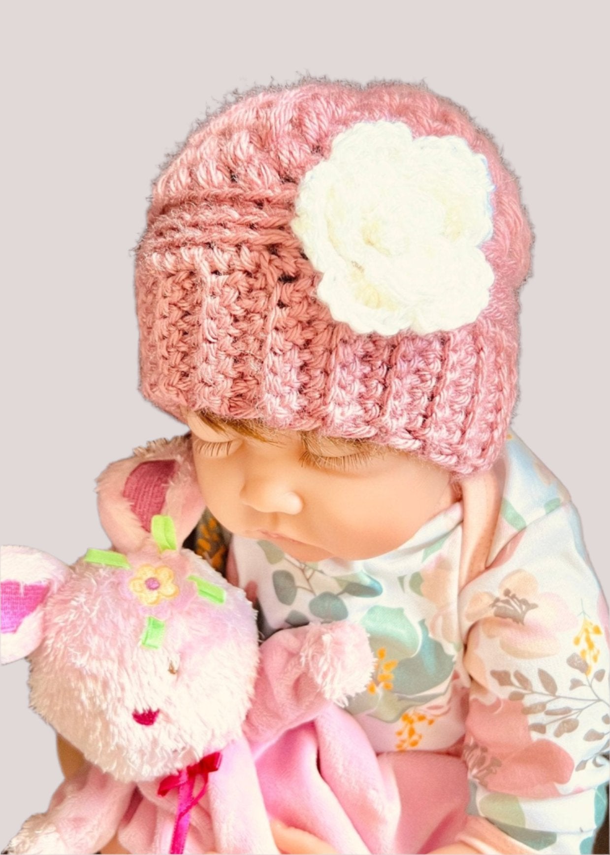 Baby girl hat, crochet hat for baby girl dusty rose pink with white crochet flower, fall or winter weather crochet hat various sizes - Lilly Grace Sparkle Boutique