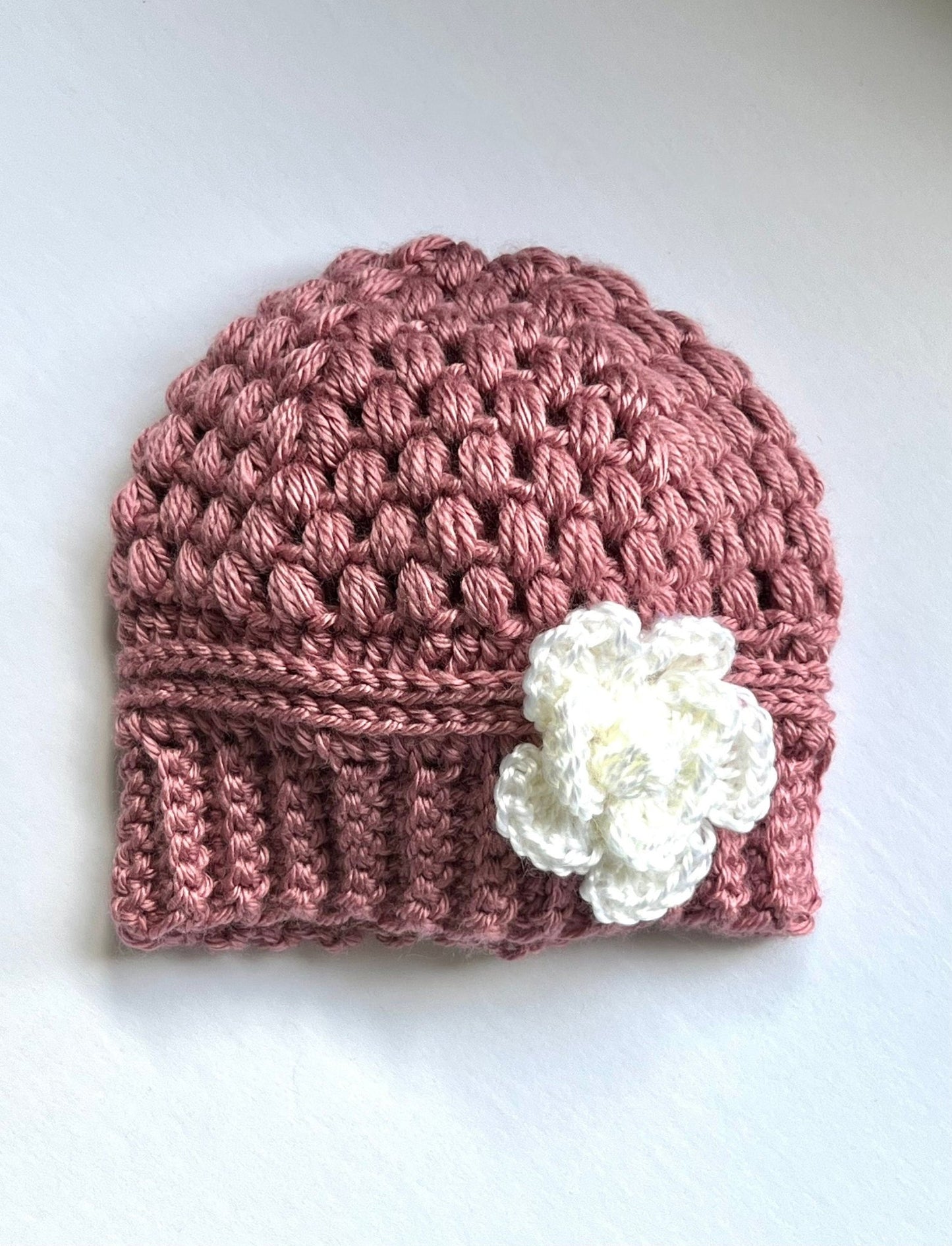 Baby girl hat, crochet hat for baby girl dusty rose pink with white crochet flower, fall or winter weather crochet hat various sizes - Lilly Grace Sparkle Boutique