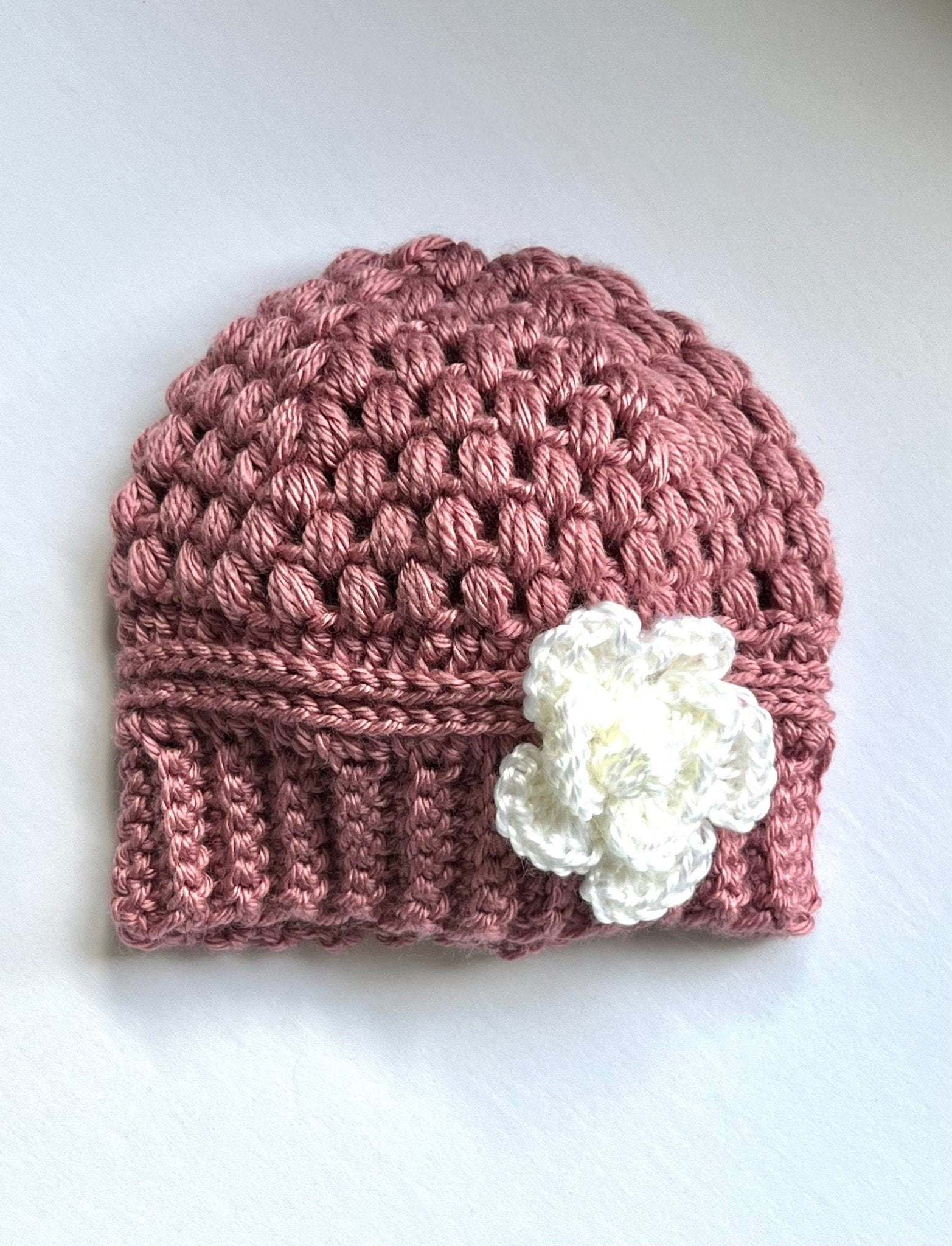 Baby girl hat, crochet hat for baby girl dusty rose pink with white crochet flower, fall or winter weather crochet hat various sizes - Lilly Grace Sparkle Boutique