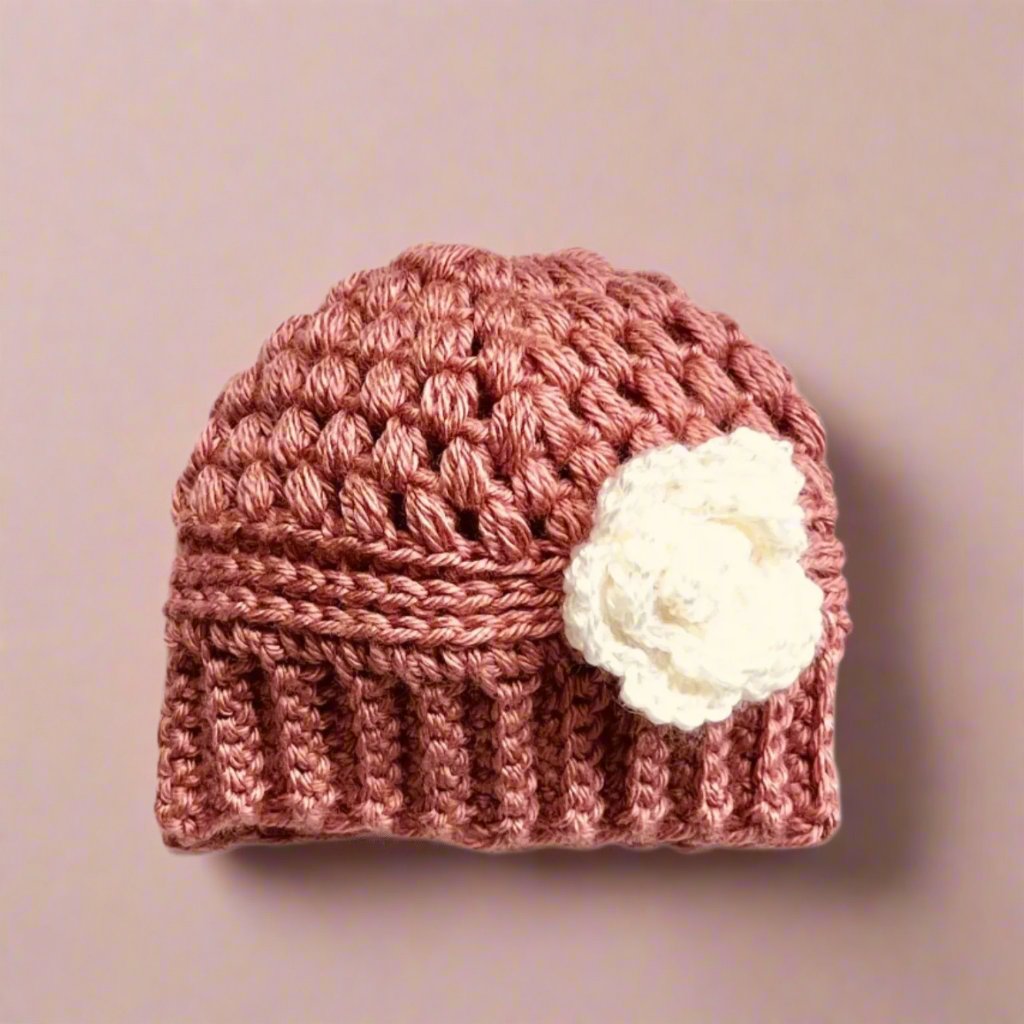 Baby girl hat, crochet hat for baby girl dusty rose pink with white crochet flower, fall or winter weather crochet hat various sizes - Lilly Grace Sparkle Boutique