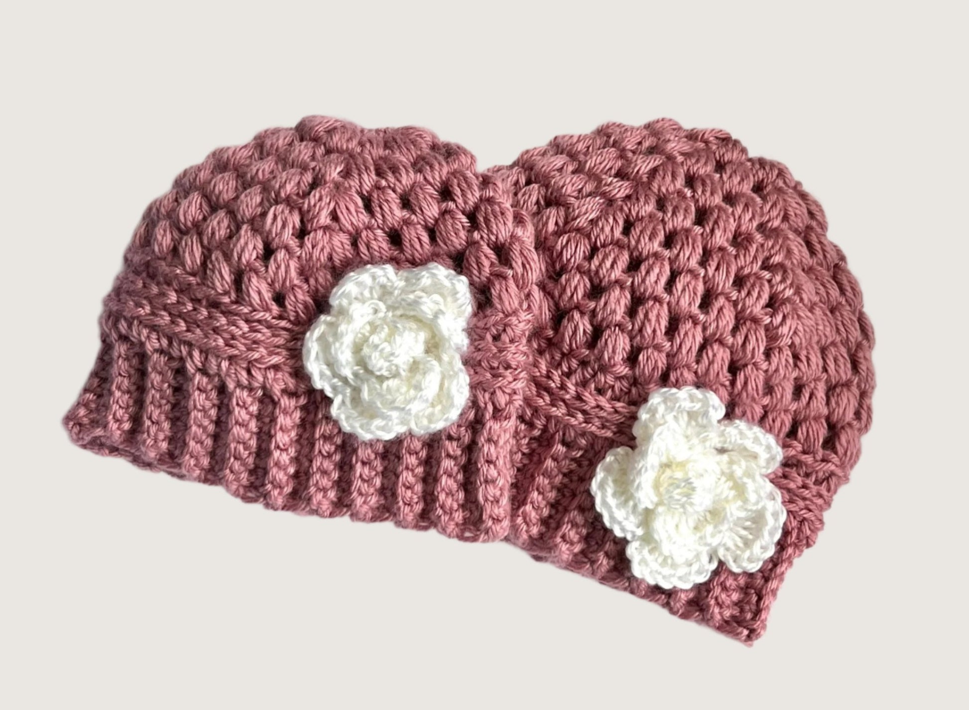 Baby girl hat, crochet hat for baby girl dusty rose pink with white crochet flower, fall or winter weather crochet hat various sizes - Lilly Grace Sparkle Boutique