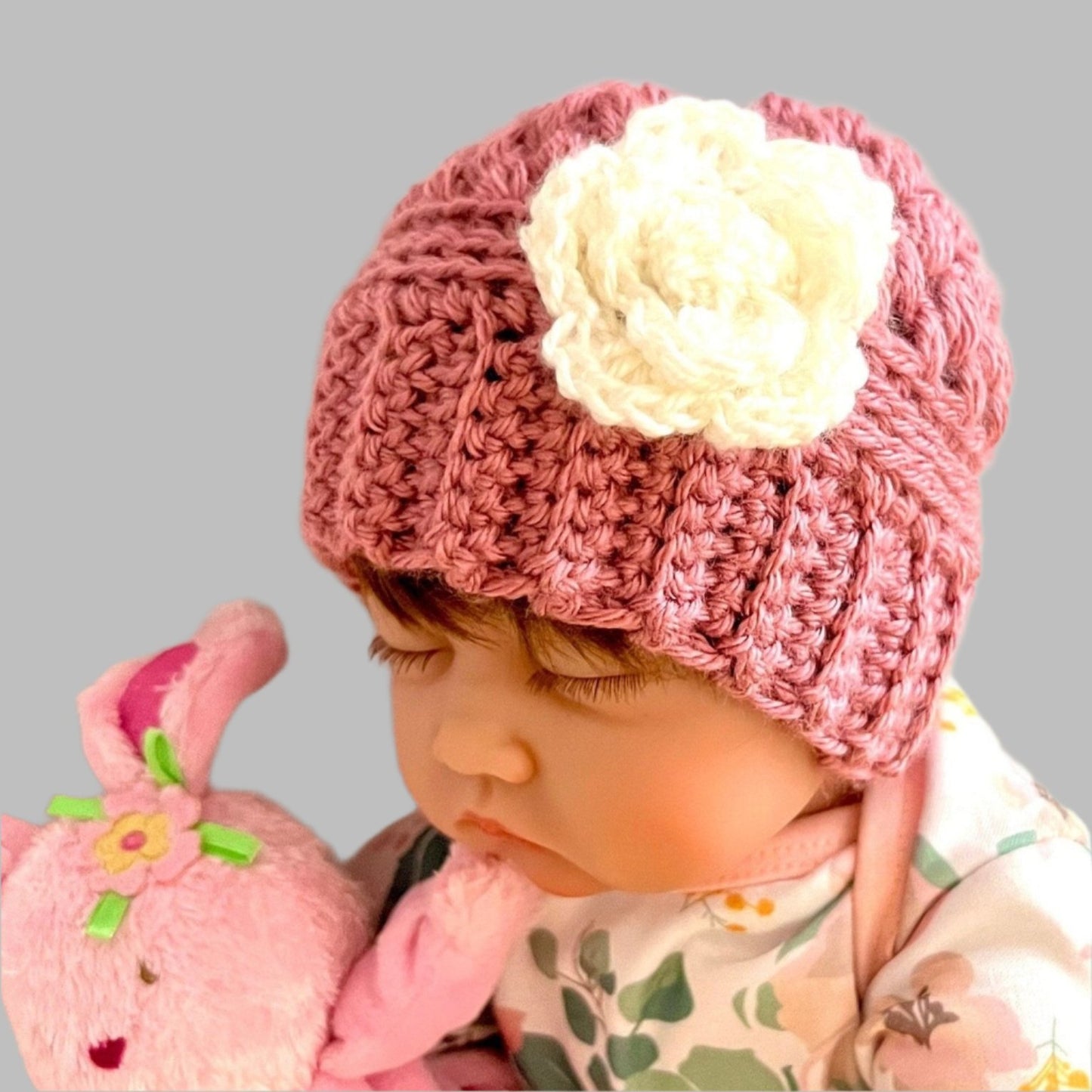 Baby girl hat, crochet hat for baby girl dusty rose pink with white crochet flower, fall or winter weather crochet hat 