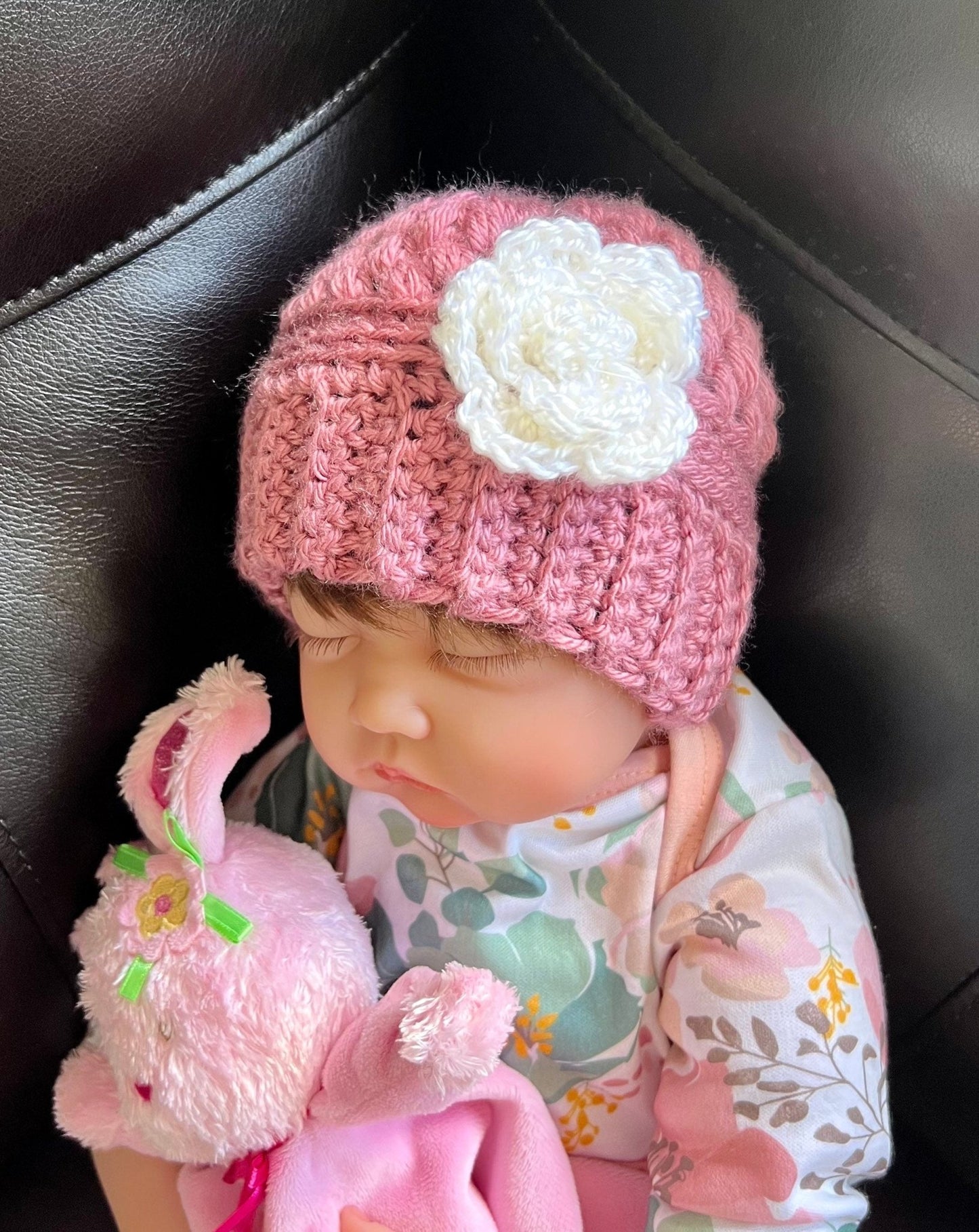 Baby girl hat, crochet hat for baby girl dusty rose pink with white crochet flower, fall or winter weather crochet hat various sizes - Lilly Grace Sparkle Boutique