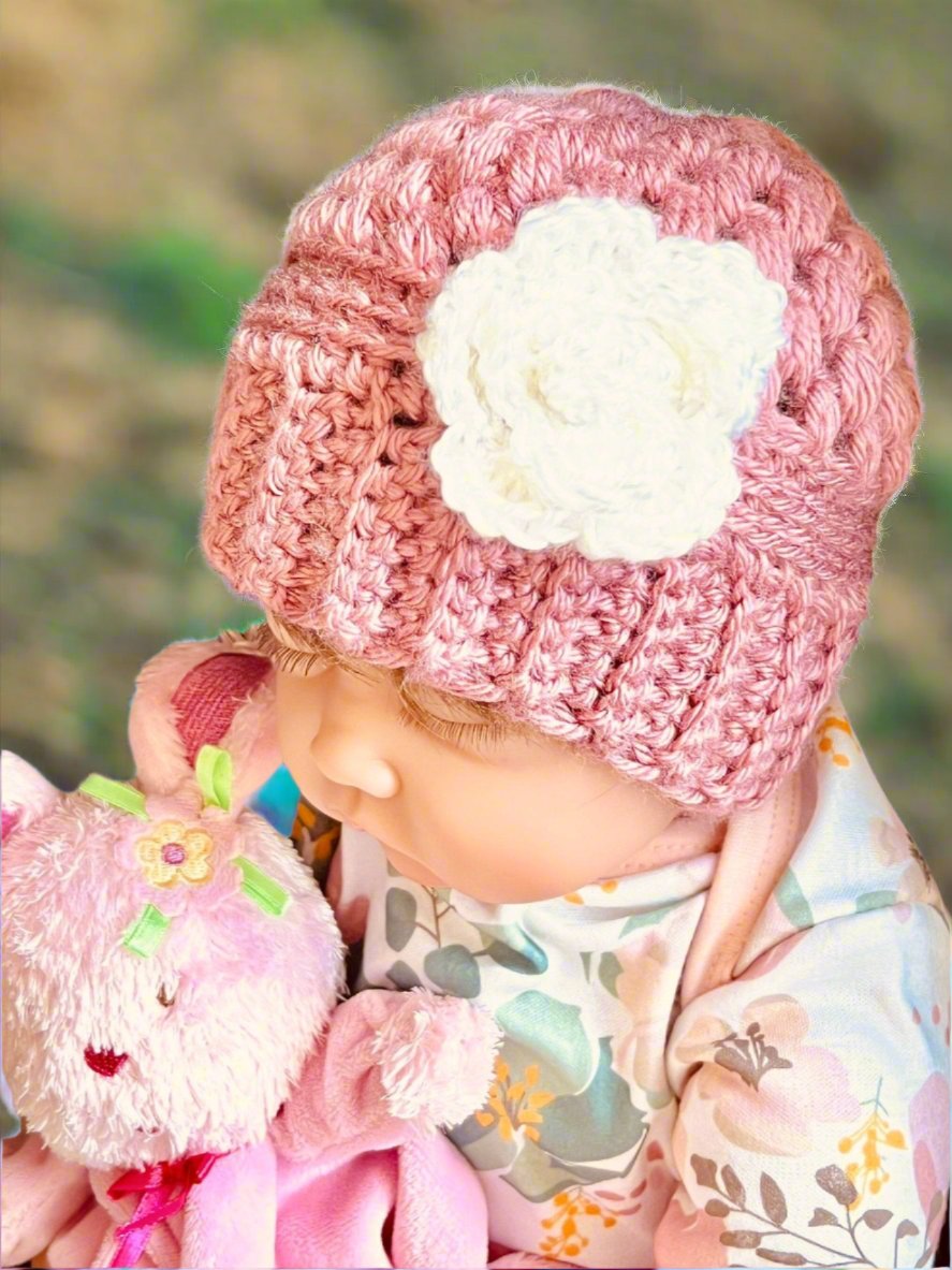 Baby girl hat, crochet hat for baby girl dusty rose pink with white crochet flower, fall or winter weather crochet hat various sizes - Lilly Grace Sparkle Boutique