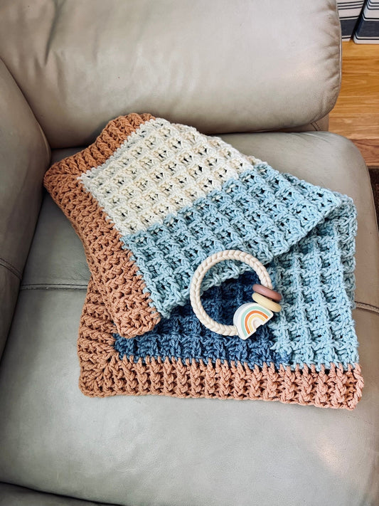 Beach vibes baby blanket in blue, white, and light brown. Modern heirloom blanket, baby shower gift 27”x23” cradle/ basinet/carseat blanket - Lilly Grace Sparkle Boutique
