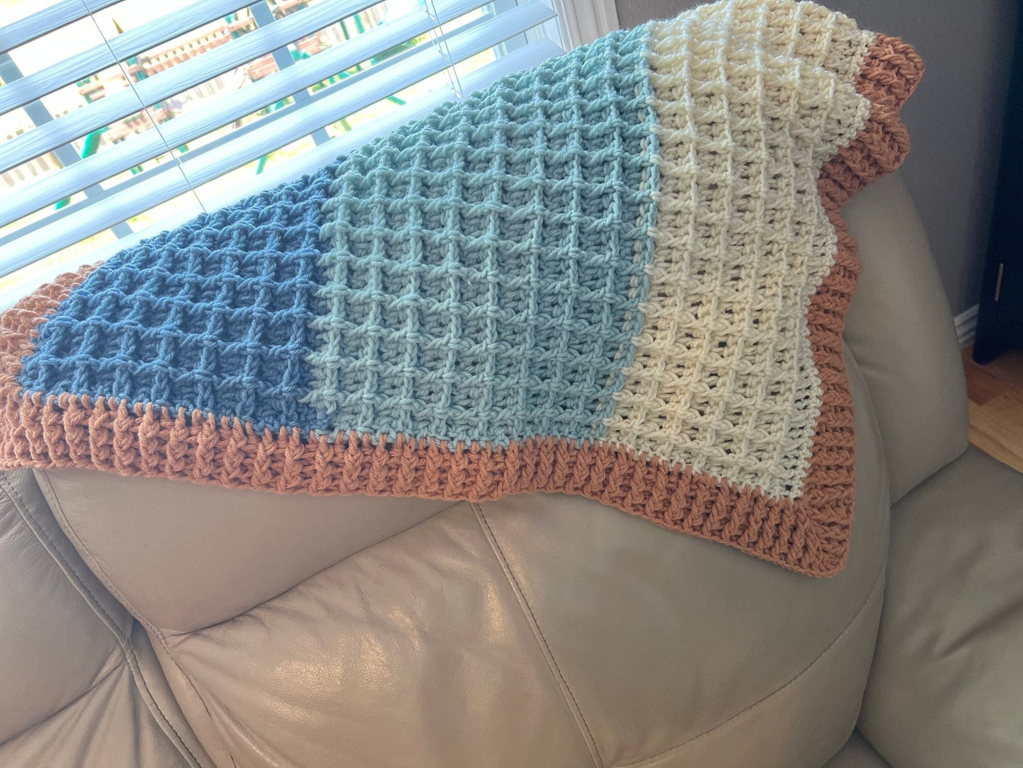 Beach vibes baby blanket in blue, white, and light brown. Modern heirloom blanket, baby shower gift 27”x23” cradle/ basinet/carseat blanket - Lilly Grace Sparkle Boutique