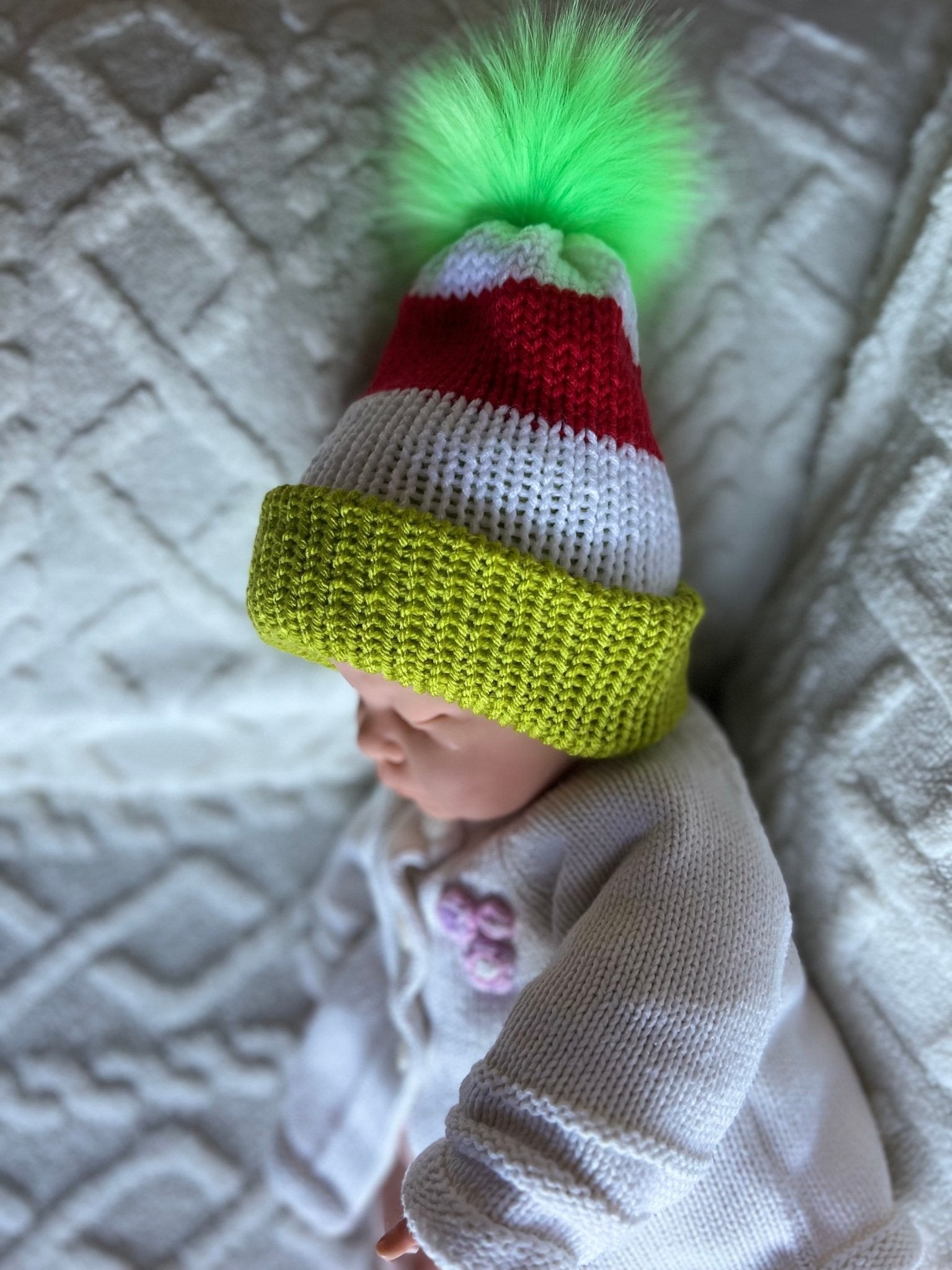 Christmas beanie hat for woman with faux fur pompom, red-white- lime green colored, Grinch hat, woman’s Grinch hat, Christmas beanie hat - Lilly Grace Sparkle Boutique