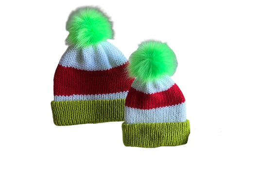 Christmas beanie hat for woman with faux fur pompom, red-white- lime green colored, Grinch hat, woman’s Grinch hat, Christmas beanie hat - Lilly Grace Sparkle Boutique