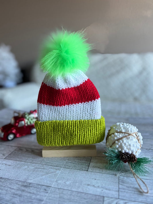 Christmas beanie hat with faux fur pompom, red-white- lime green colored hat for baby, neborn to adult size Christmas beanie hat - Lilly Grace Sparkle Boutique