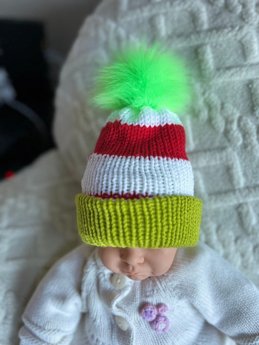 Christmas striped beanie hat with faux fur pompom, red-white- lime green colored hat for baby, neborn to adult size Christmas beanie hat - Lilly Grace Sparkle Boutique