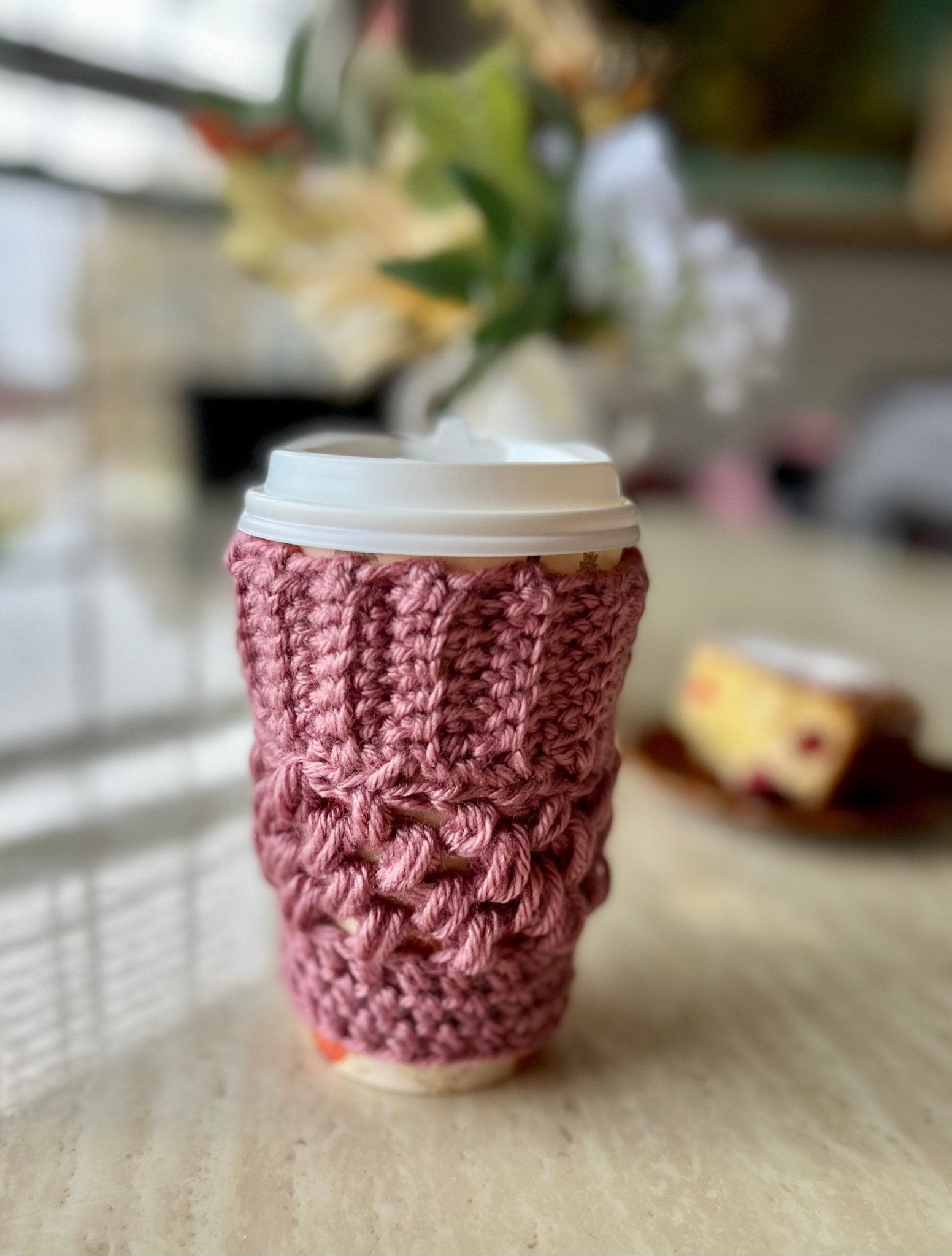 Coffee cozy- Dusty rose reusable crochet coffee cozy- drink cozy-cup sleeve - Lilly Grace Sparkle Boutique