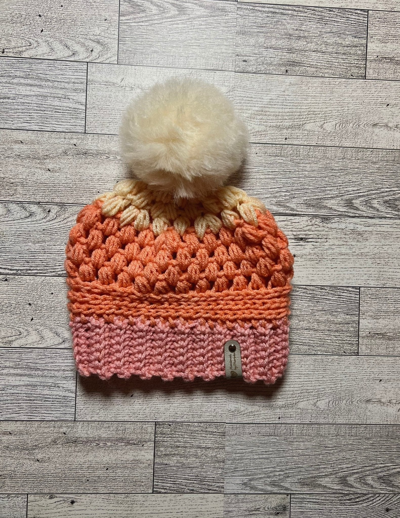 Coral pink baby girl hat,handmade crochet hat gradient coral pink color with beige faux fur pompom, fall or winter beanie hat, toddler hat - Lilly Grace Sparkle Boutique