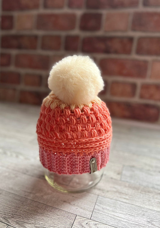 Coral pink baby girl hat,handmade crochet hat gradient coral pink color with beige faux fur pompom, fall or winter beanie hat, toddler hat - Lilly Grace Sparkle Boutique