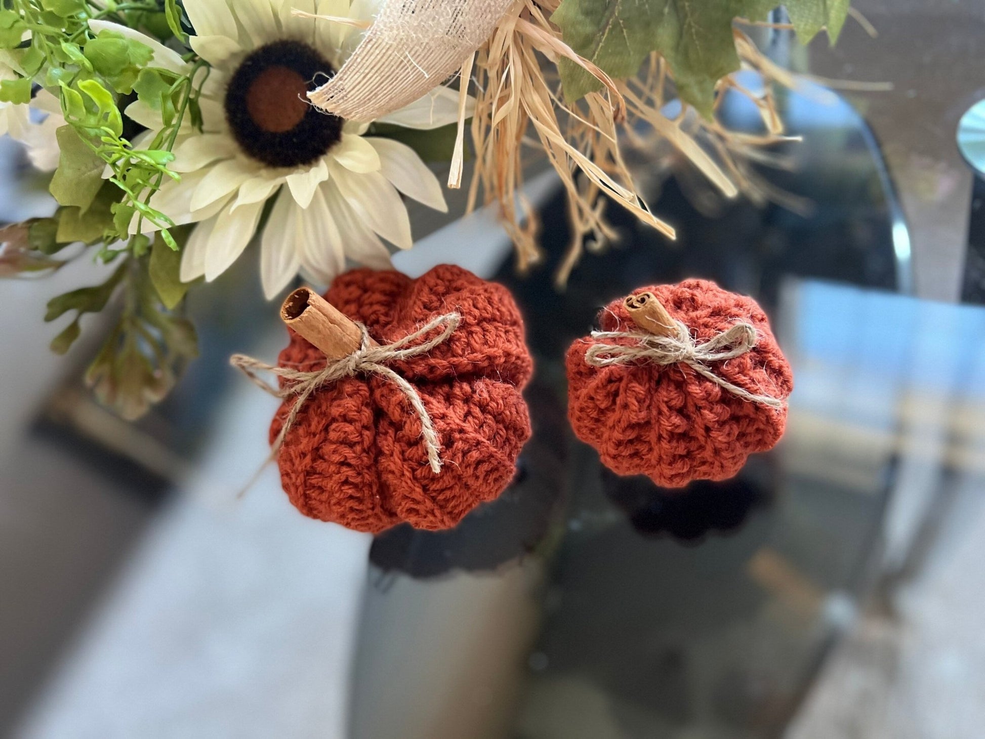 Crochet pumpkin decoration, handmade fall Thanksgiving decoration, Thanksgiving autumn photo prop - Lilly Grace Sparkle Boutique