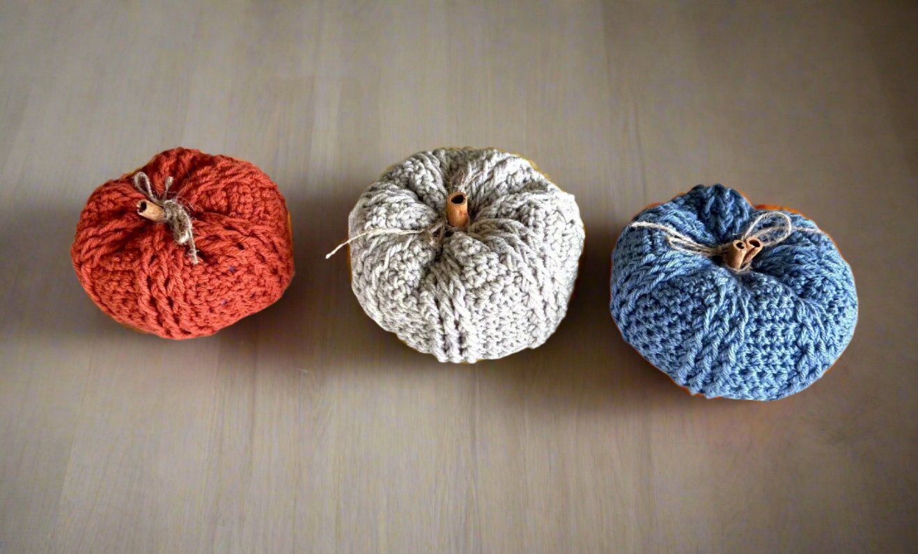 Decorative handmade crochet pumpkin in blue, pumpkin spice and terracota colors, autumn decor, fall room decor, blue pumpkin, pumpkin set - Lilly Grace Sparkle Boutique