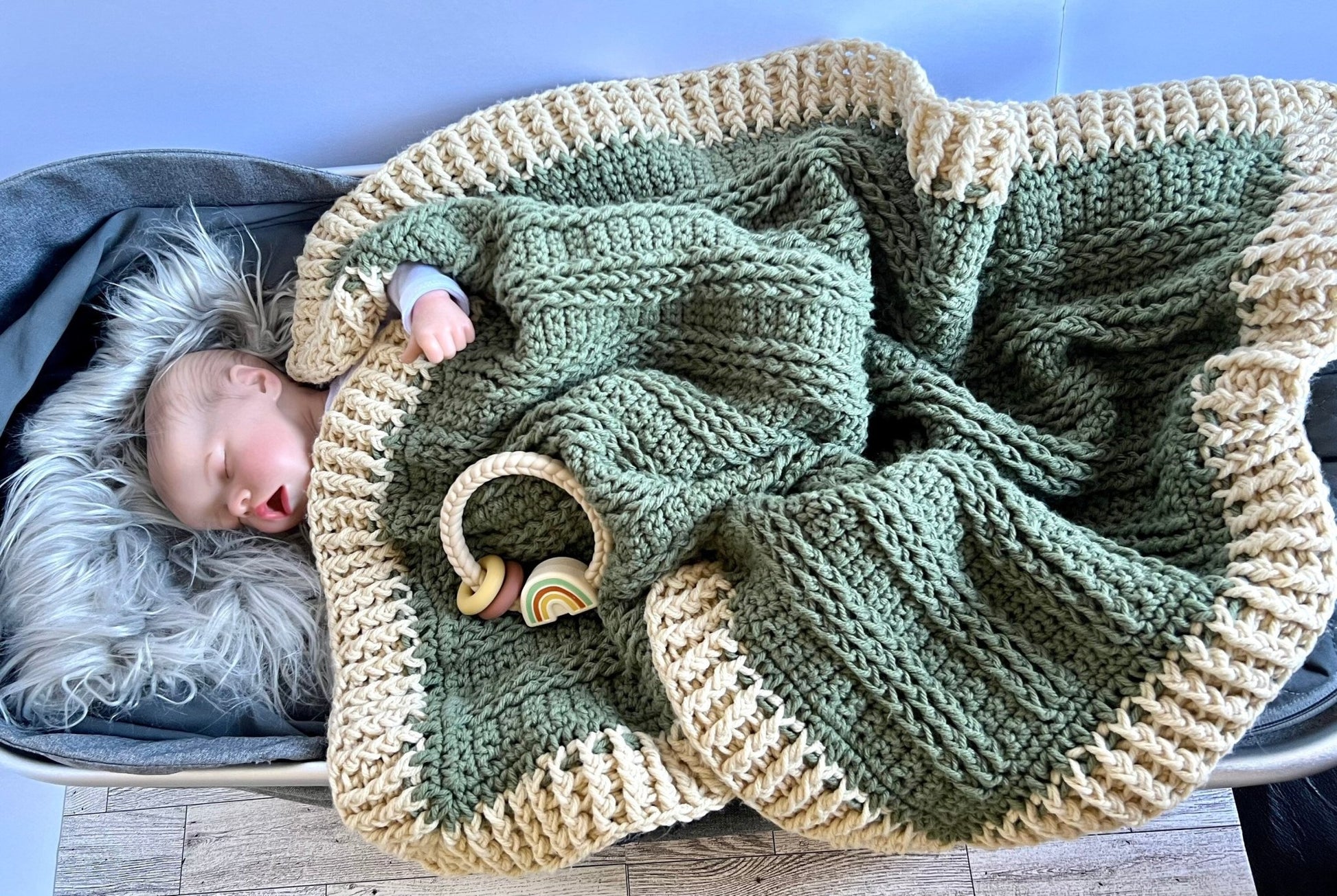 Green and beige baby blanket,modern heirloom blanket, blanket for baby boy- baby shower gift 31”x26”cradle blanket, boho room decor - Lilly Grace Sparkle Boutique
