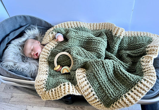 Green and beige baby blanket,modern heirloom blanket, blanket for baby boy- baby shower gift 31”x26”cradle blanket, boho room decor, modern - Lilly Grace Sparkle Boutique