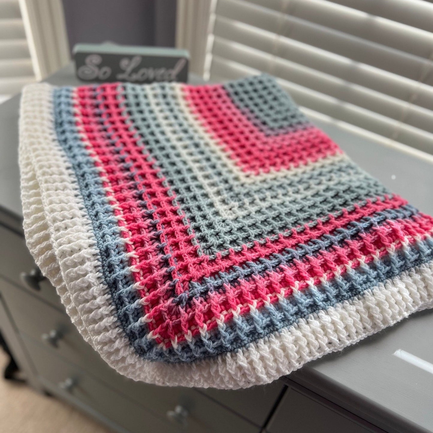 Handmade Crochet baby blanket pink, white, and gray colors - Lilly Grace Sparkle Boutique