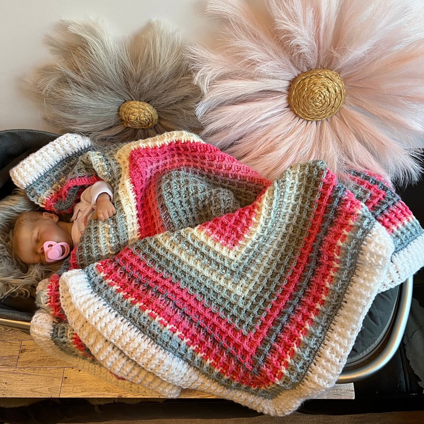 Handmade Crochet baby blanket pink, white, and gray colors - Lilly Grace Sparkle Boutique