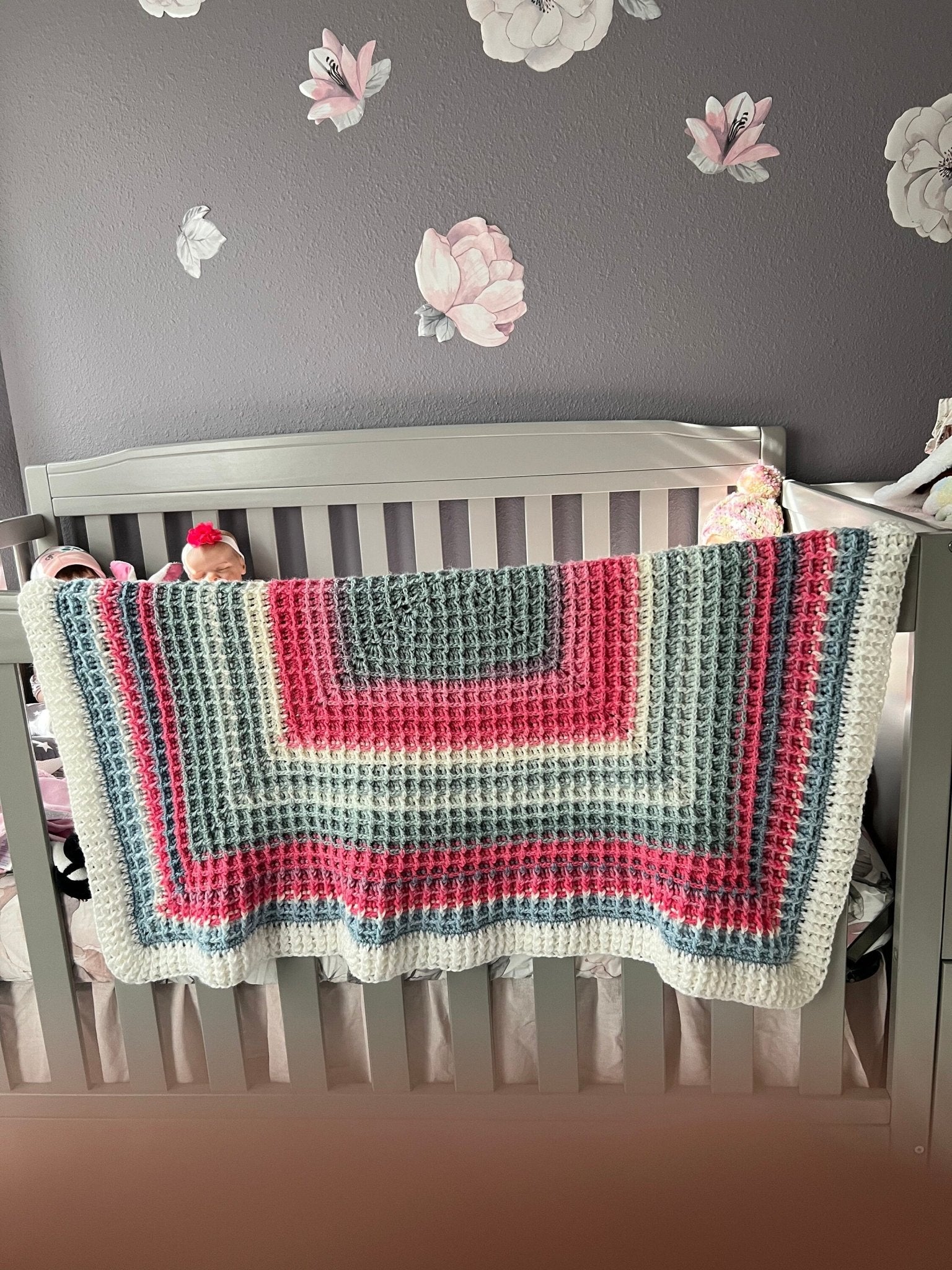 Handmade Crochet baby blanket pink, white, and gray colors - Lilly Grace Sparkle Boutique