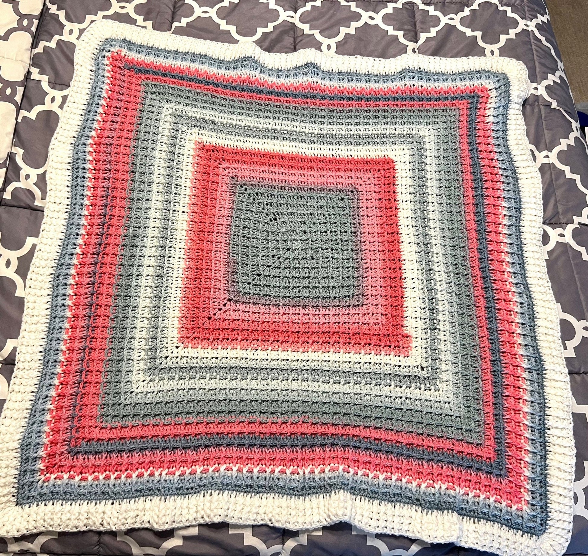 Handmade Crochet baby blanket pink, white, and gray colors - Lilly Grace Sparkle Boutique