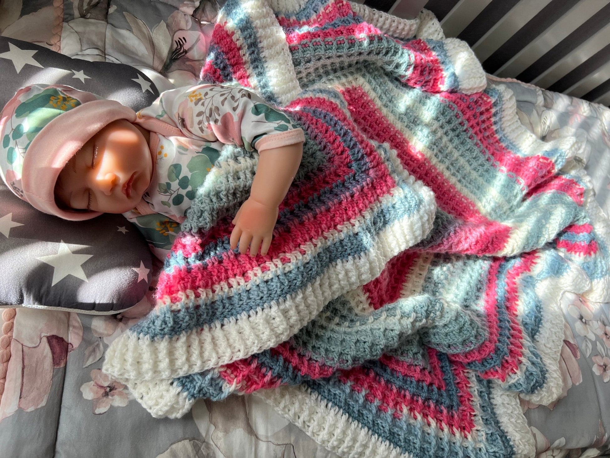 Handmade Crochet baby blanket pink, white, and gray colors - Lilly Grace Sparkle Boutique