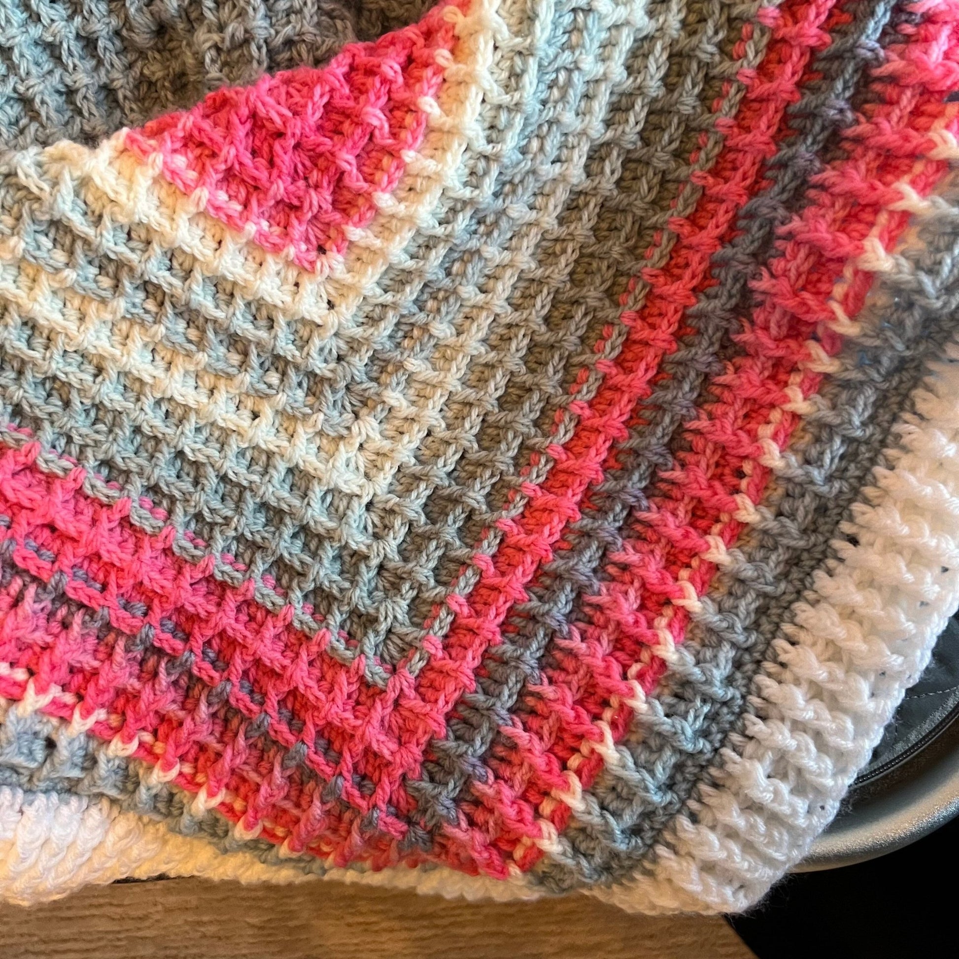 Handmade Crochet baby blanket pink, white, and gray colors - Lilly Grace Sparkle Boutique