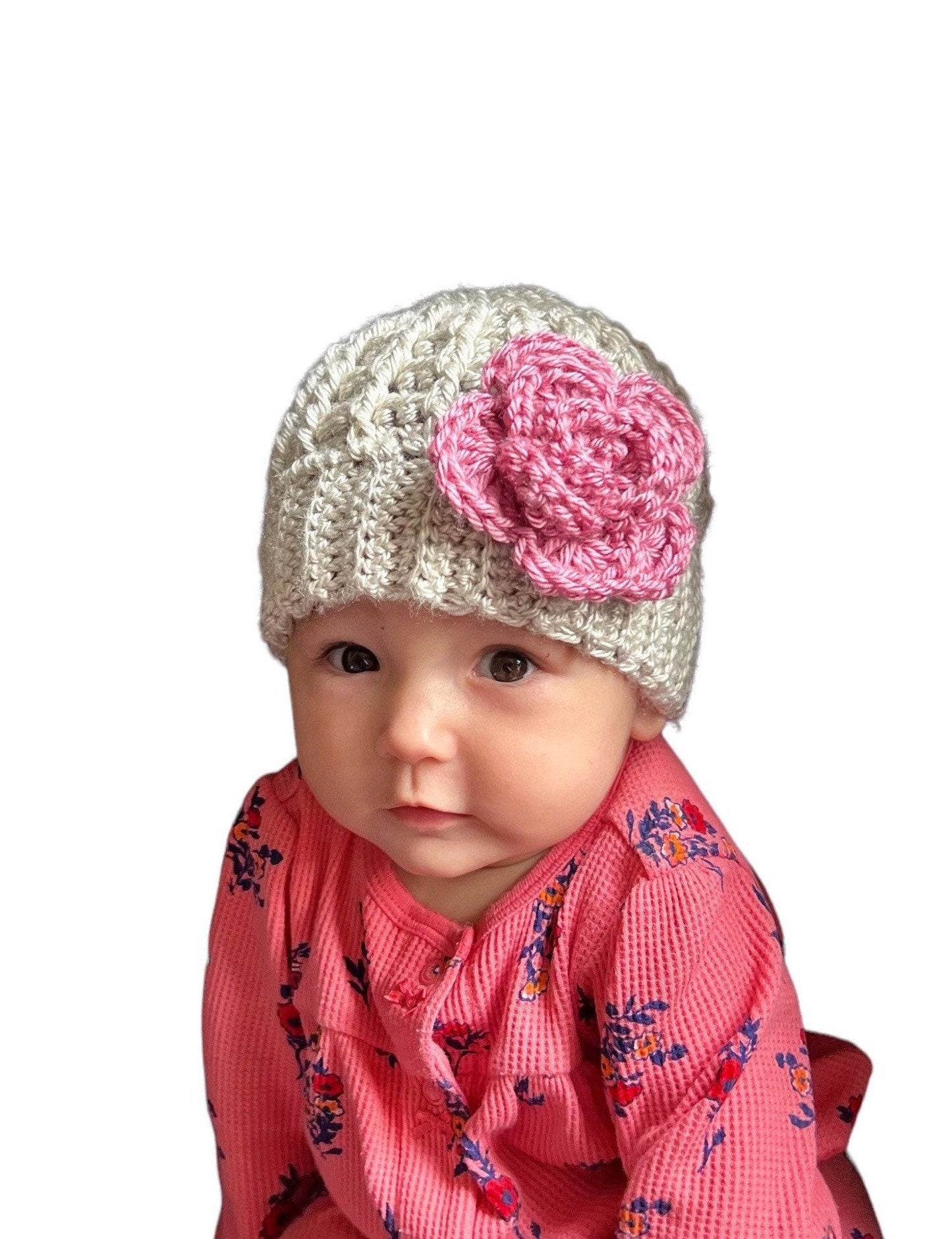 Handmade crochet hat for a baby girl, silver/light gray hat with pink crochet flower, hat for toddler girl, different sizes available - Lilly Grace Sparkle Boutique