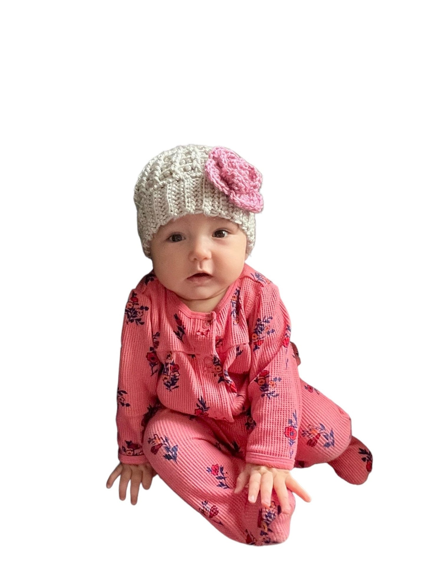 Handmade crochet hat for a baby girl, silver/light gray hat with pink crochet flower, hat for toddler girl, hat for baby girl - Lilly Grace Sparkle Boutique