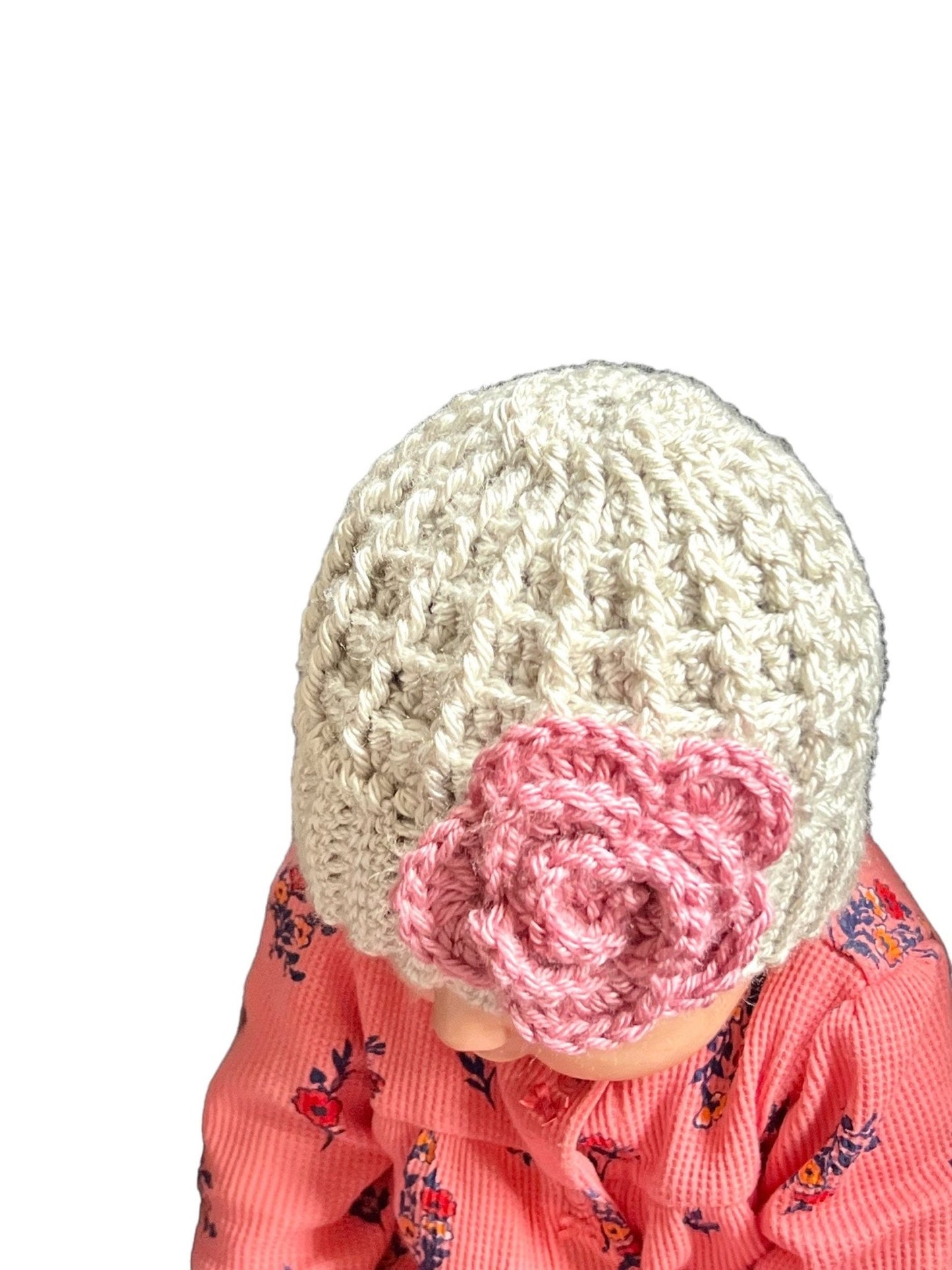 Handmade crochet hat for a baby girl, silver/light gray hat with pink crochet flower, hat for toddler girl, hat for baby girl - Lilly Grace Sparkle Boutique