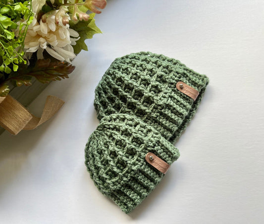 Sage green crochet hat for boy or girl, light sage green color - Lilly Grace Sparkle Boutique