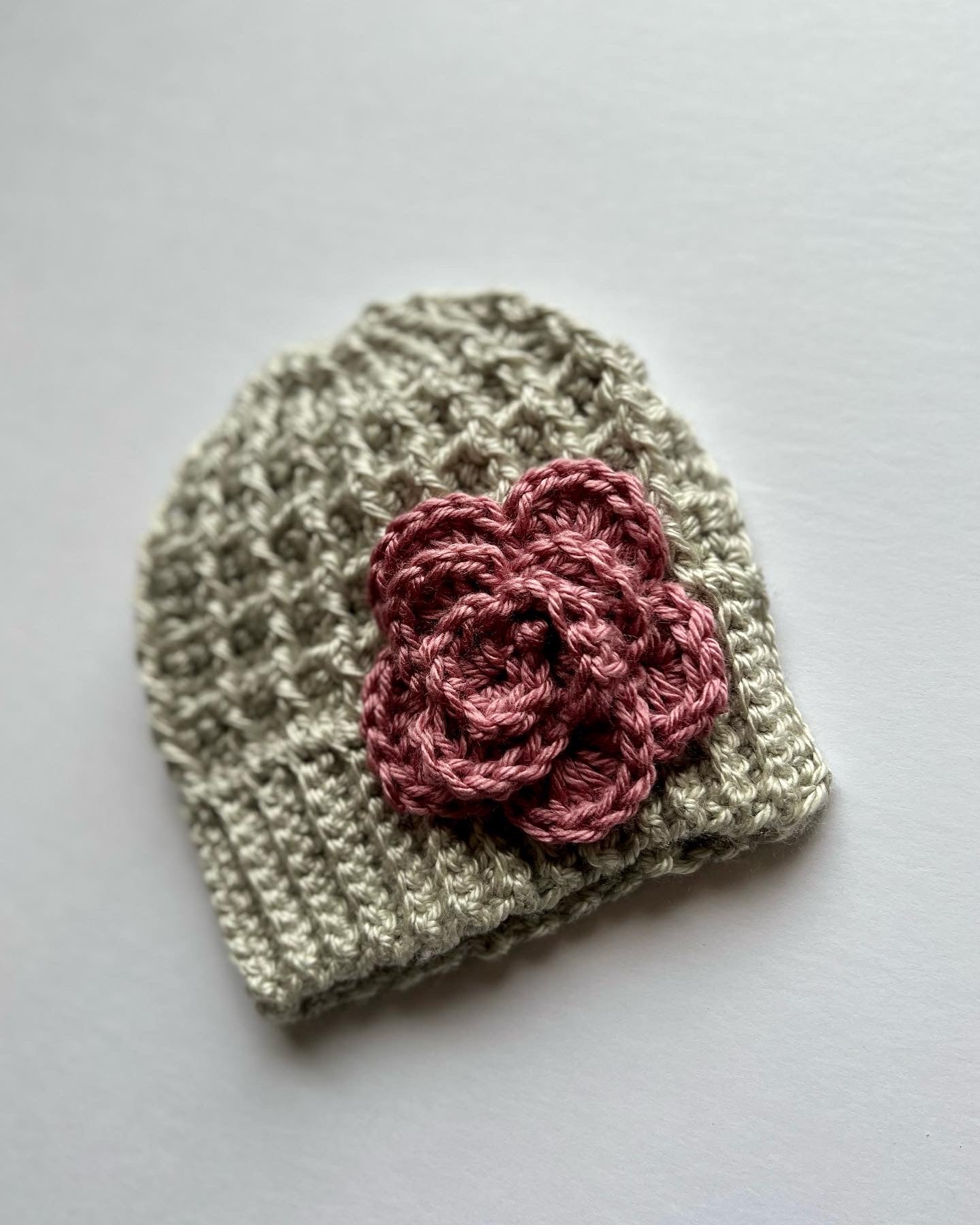 Silver/light gray hat with pink crochet flower - Lilly Grace Sparkle Boutique
