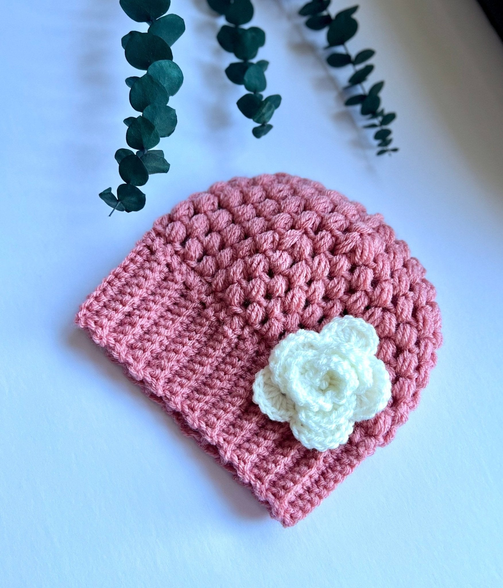 Stylish trendy crochet hat for girl dusty rose pink with white crochet flower, fall or winter weather crochet hat , “mom and me” hat set, - Lilly Grace Sparkle Boutique