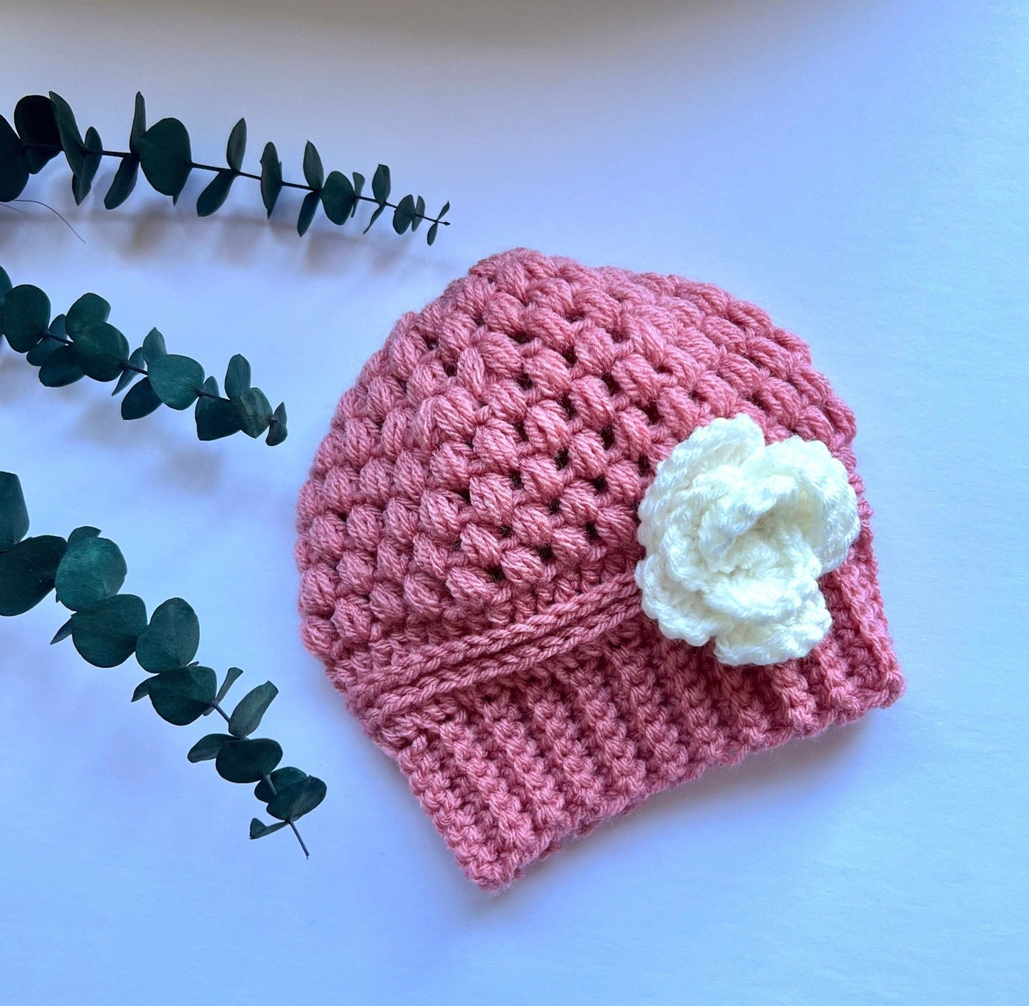 Stylish trendy crochet hat for girl dusty rose pink with white crochet flower, fall or winter weather crochet hat , “mom and me” hat set, - Lilly Grace Sparkle Boutique