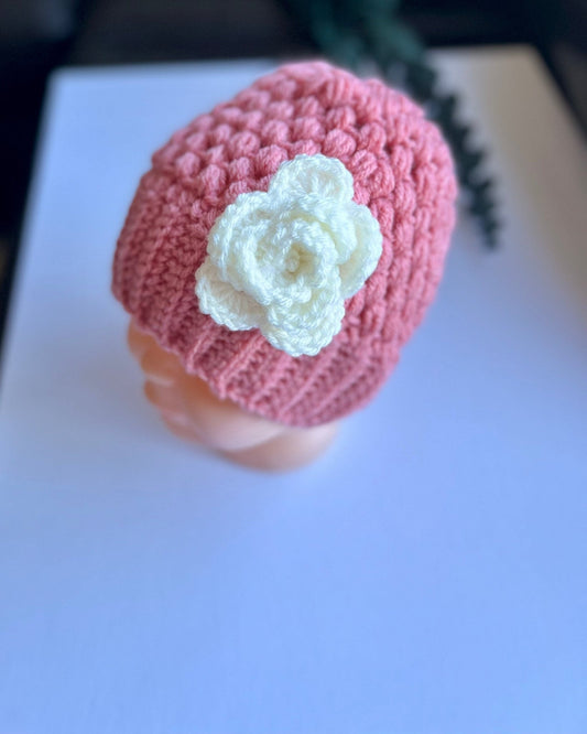 Stylish trendy crochet hat for girl, pink hat with white crochet flower, child size, “mom and me” hat set, great gift - Lilly Grace Sparkle Boutique