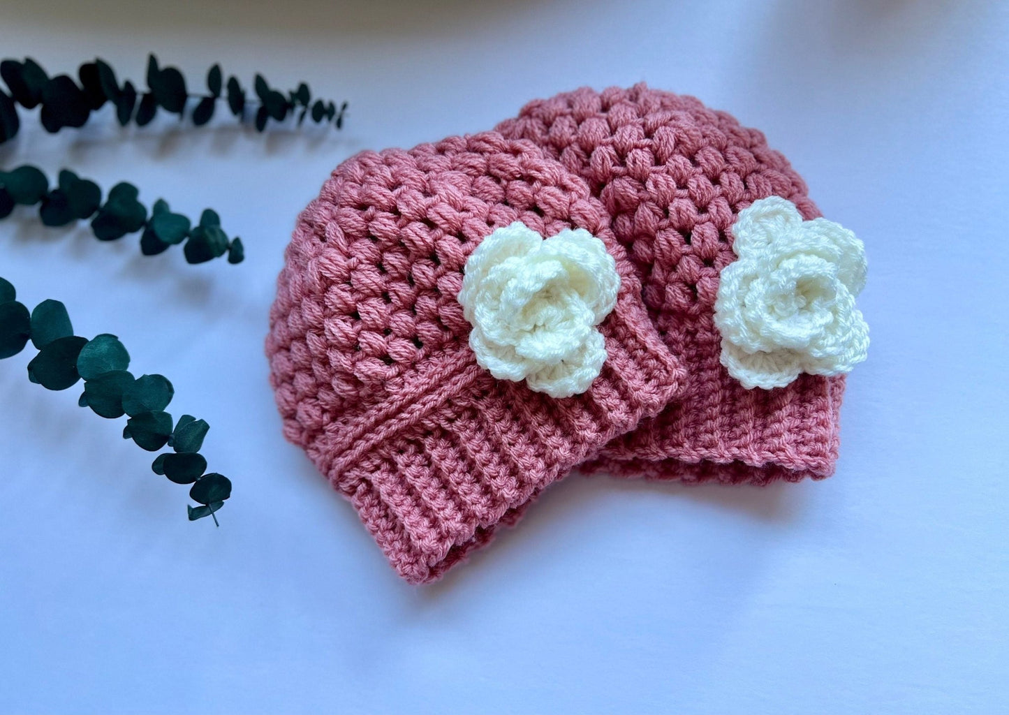 Stylish trendy crochet hat for girl, pink hat with white crochet flower, child size, “mom and me” hat set, great gift - Lilly Grace Sparkle Boutique