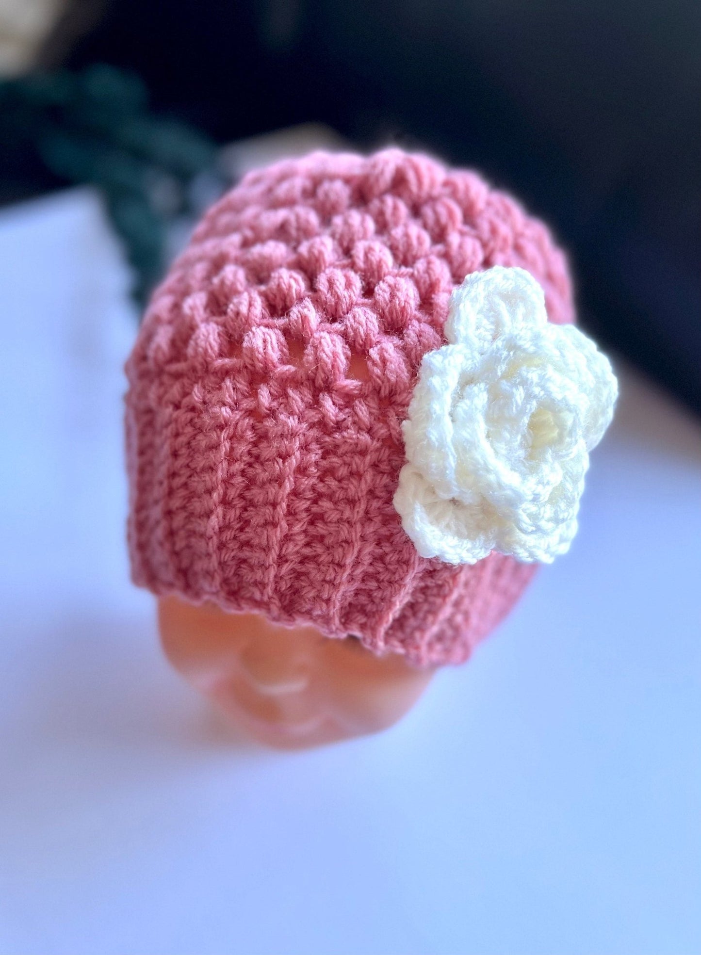 Stylish trendy crochet hat for girl, pink hat with white crochet flower, size 2-3T, “mom and me” hat set, great gift - Lilly Grace Sparkle Boutique