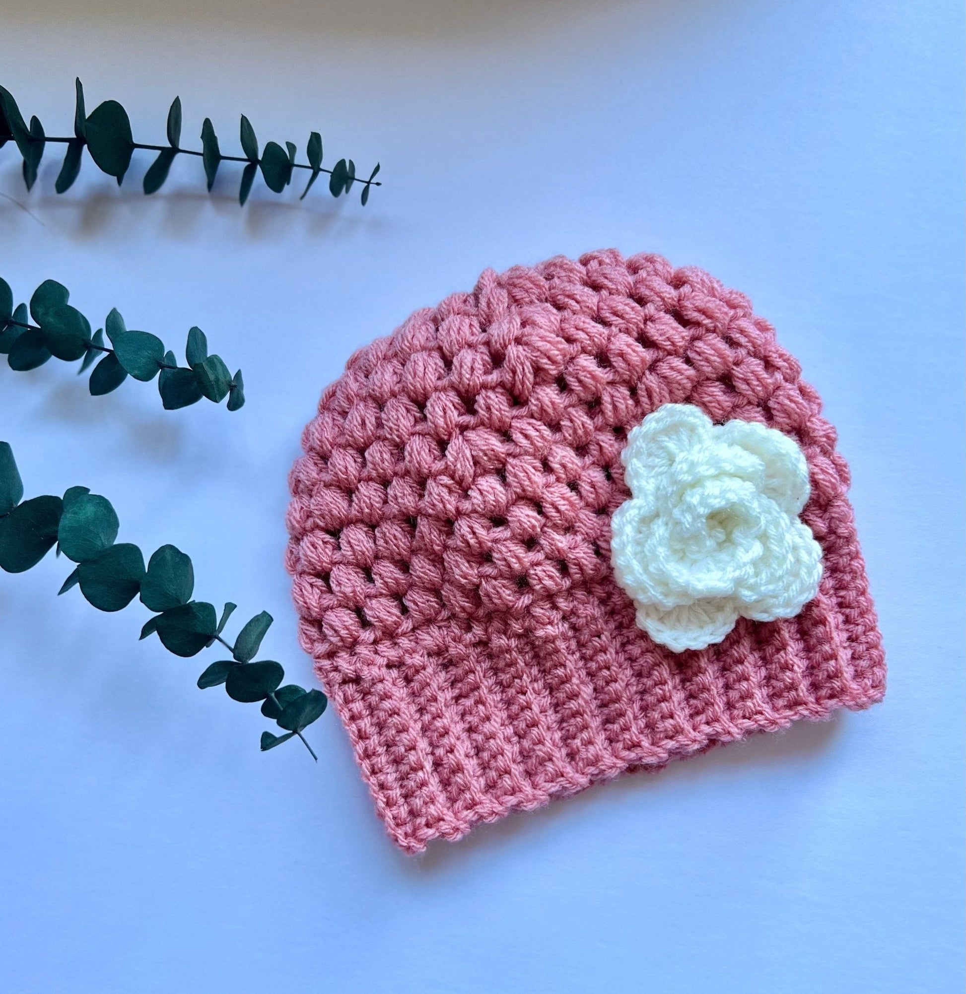 Stylish trendy crochet hat for girl, pink hat with white crochet flower, size 2-3T, “mom and me” hat set, great gift - Lilly Grace Sparkle Boutique