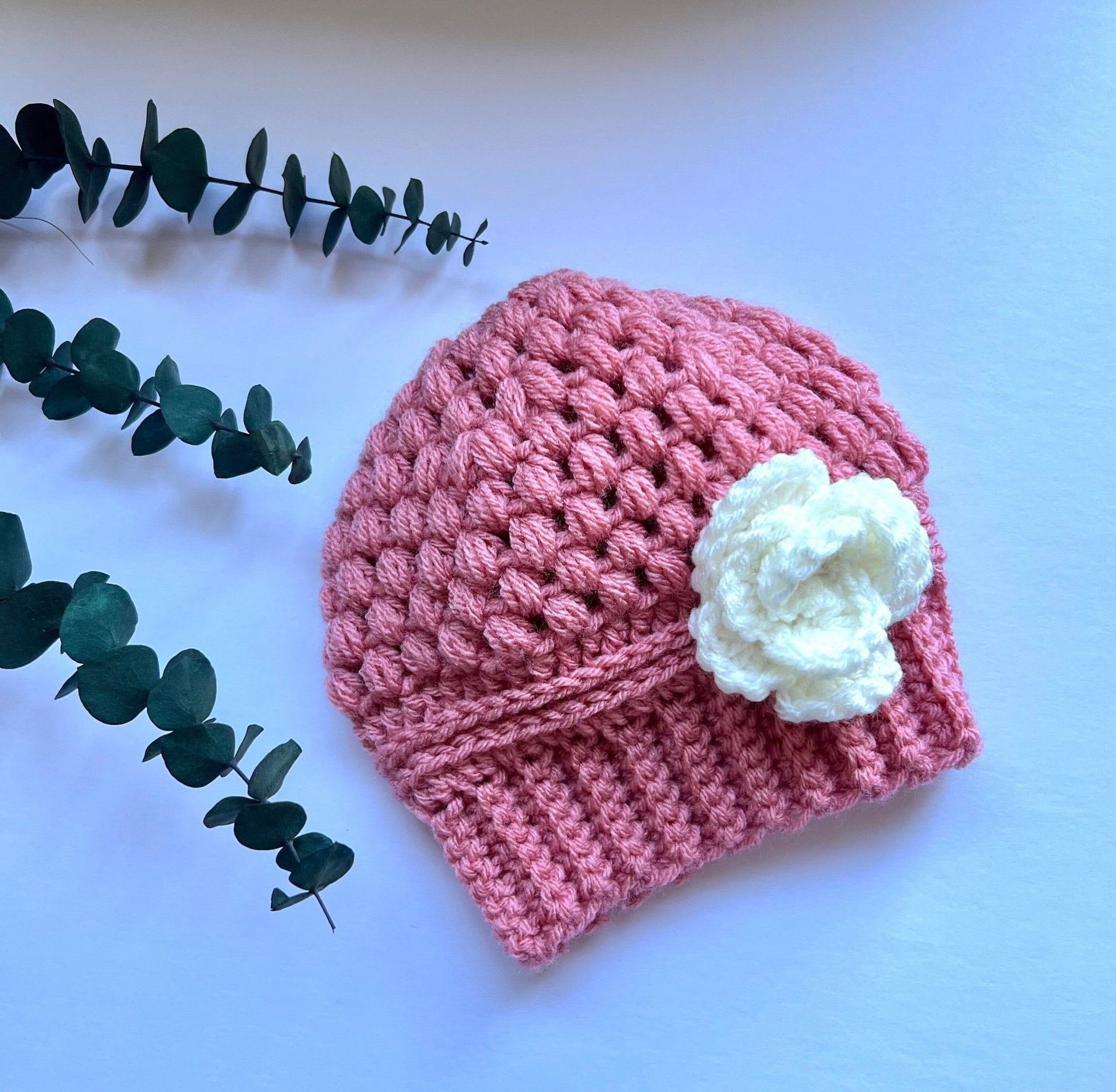 Stylish trendy crochet hat for girl, pink hat with white crochet flower, size 2-3T, “mom and me” hat set, great gift. Cute Spring beanie hat - Lilly Grace Sparkle Boutique